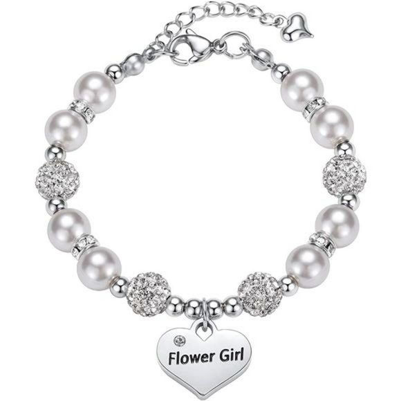 Flower Girl Bracelet Heart Pendant Rhinestone Charm Pearl Bracelet - Picture 5 of 6